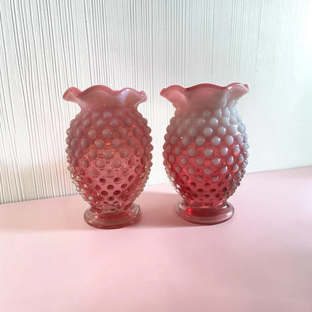 PAIR Vintage Fenton Vase Cranberry Opalescent Hobnail Glass Bud Vase Ruffle#08